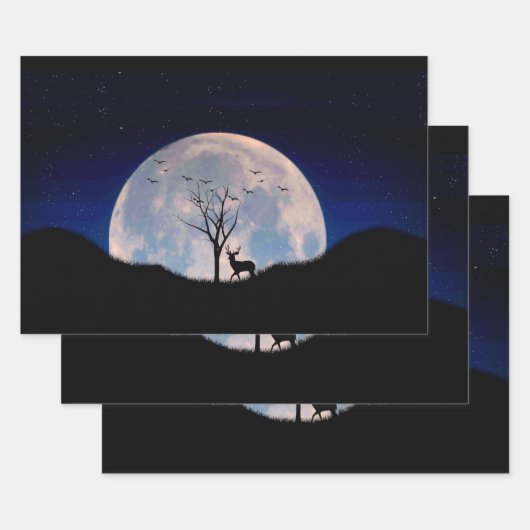Buck with Big Rack Against Full Moon ラッピングペーパーシート (セット)