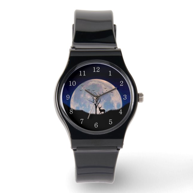 Buck with Big Rack Against Full Moon White Numbers 腕時計 (正面)