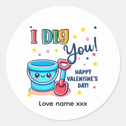 Bucket & Spade Gift idea “I Dig You” Valentine ラウンドシール (正面)