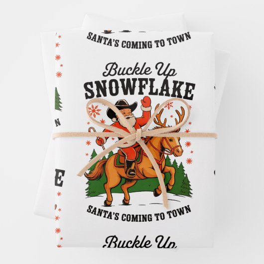 Buckle Up Snowflake Rodeo Cowboy Santa Christmas ラッピングペーパーシート (インサイチュ)