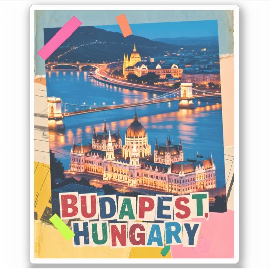 Budapest Hungary Night Cityscape Pop Art Collage シール (正面)