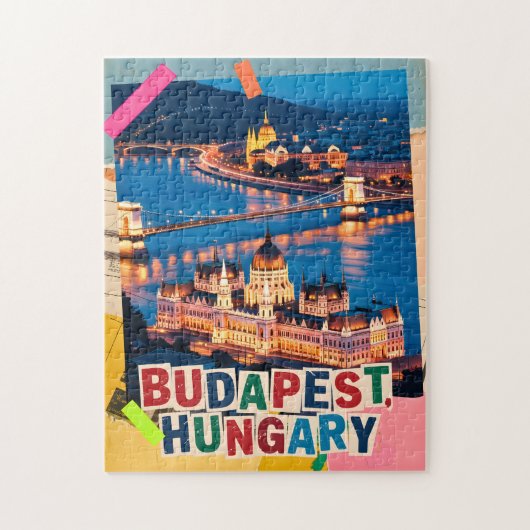 Budapest Hungary Night Cityscape Pop Art Collage ジグソーパズル (縦)
