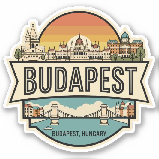 Budapest Hungary Skyline Retro Travel Badge  シール (正面)