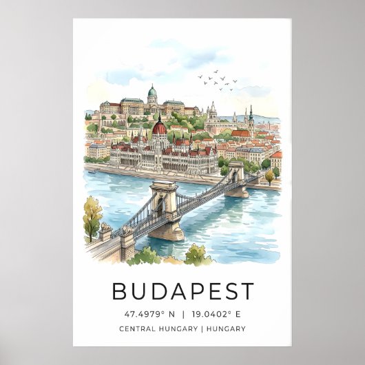 Budapest Wall Art Print Watercolor Cityscape ポスター (正面)