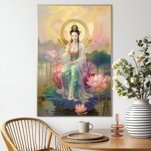 Buddhist Goddess Quan Yin: Pink Lotus Garden  ポスター