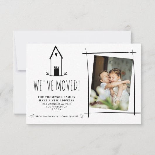 BUDGETかわいいミニマル引っ越しました新しい写真の移動 ノートカード (正面)