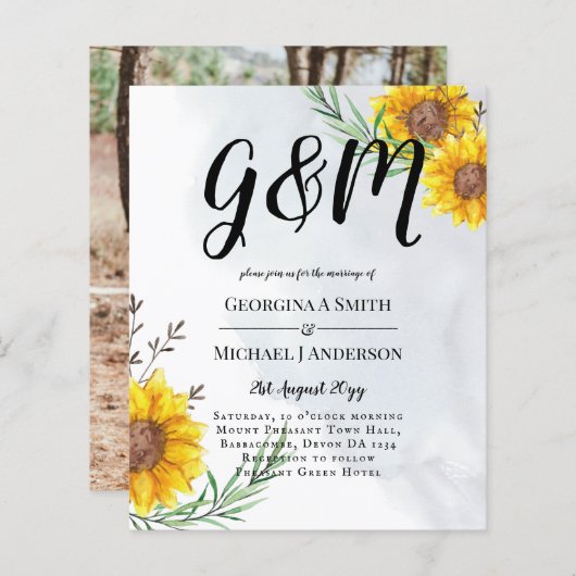 BUDGETひまわりモダン黄色の結婚式の招待 (正面/裏面)