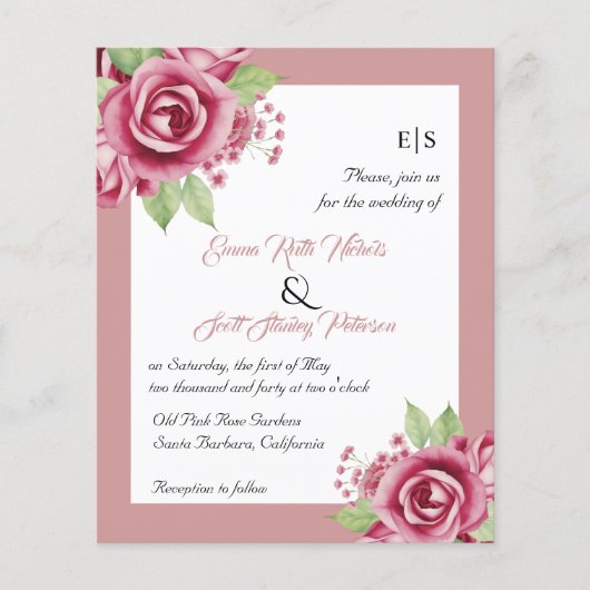 BUDGETほこりっぽいピンクのバラQRコード結婚式招待状 (正面)