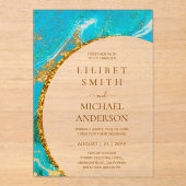 BUDGETアクリル結婚ターコイズ金ゴールドティール(緑がかった色)アゲート アクリル招待状 (正面)