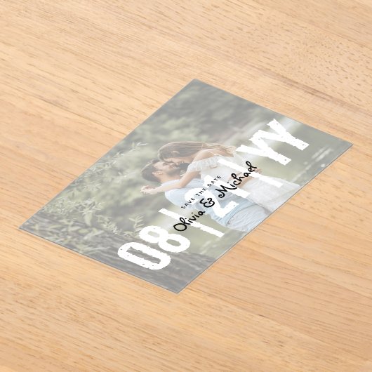 BUDGETアクリル結婚式の日付を保存する不透明な写真 アクリル招待状 (レイダウン)