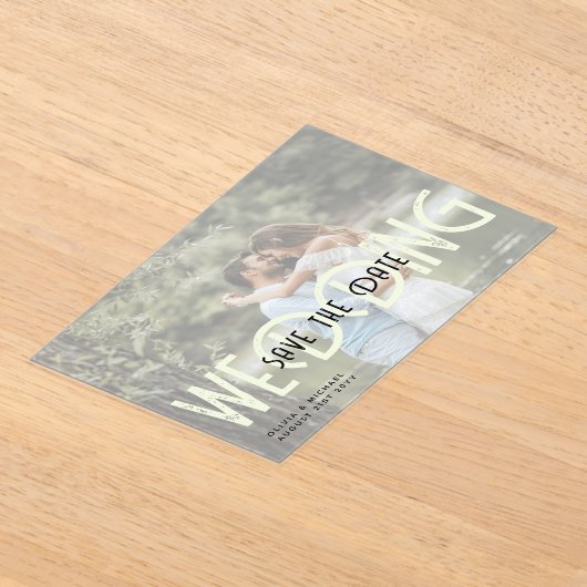 BUDGETアクリル結婚式の日付を保存する不透明な写真 アクリル招待状 (レイダウン)