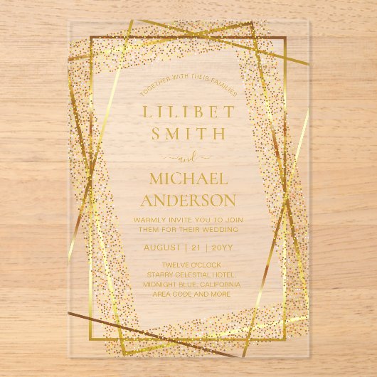BUDGETアクリル結婚金ゴールドフェイク箔エレガント アクリル招待状 (正面)