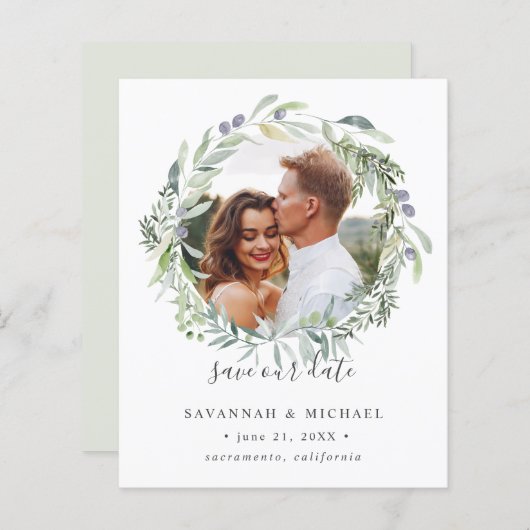 BUDGETオリーブリース写真結婚式の日付を保存 (正面/裏面)