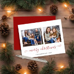 BUDGETシンプルレッドスクリプトメリークリスマスフォト<br><div class="desc">BUDGET Red Script モダン Merry Christmas Photo Holiday Cardは、2枚の写真とお気に入りのを掲載してシンプル、Merry Christmas greetingのスクリプエレガントトを掲載。背中にはフェスティバル、冬の赤の背景が飾られている。今年のホリデーカードに最適！**私たちの予算紙は、より小さく、より軽く、より繊細だが、まだ美しい！封筒忘れを使わない!**おもし客様のサポートや一致する商品は、cedarandstring@gmail.comまでお電話ください。</div>
