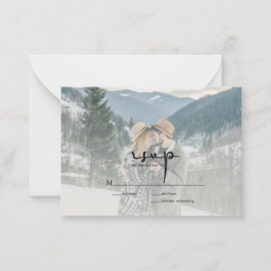 BUDGETスクリプモダント写真ウェディングRSVP ノートカード (正面)