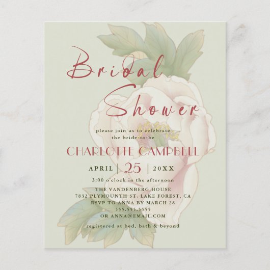 BUDGETセージおよび赤面フローラブライダルシャワー招待状 (正面)