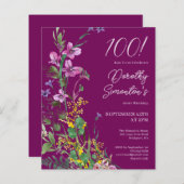 BUDGETパープルイエローフローラ100番目の誕生日招待状 (正面/裏面)