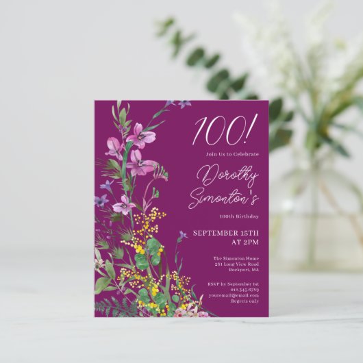 BUDGETパープルイエローフローラ100番目の誕生日招待状 (スタンド正面)