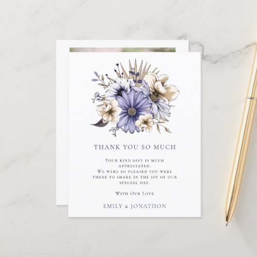 BUDGETパープル花模様結婚引用文の3枚感謝してい写真 (正面/裏面インサイチュ)