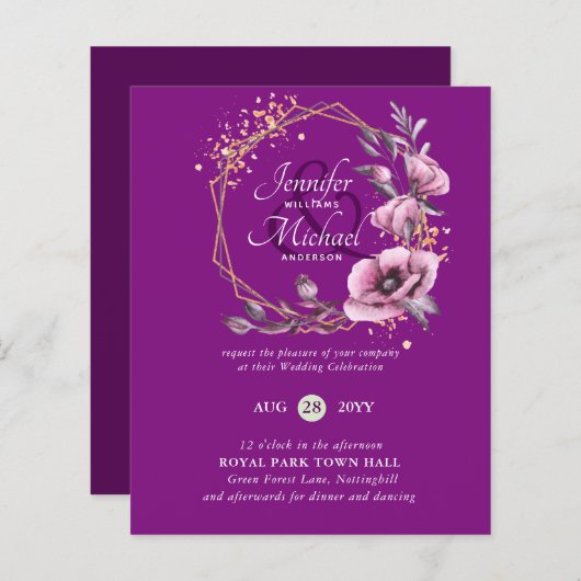 BUDGETパープル金ゴールドフローラ結婚式招待状 (正面/裏面)