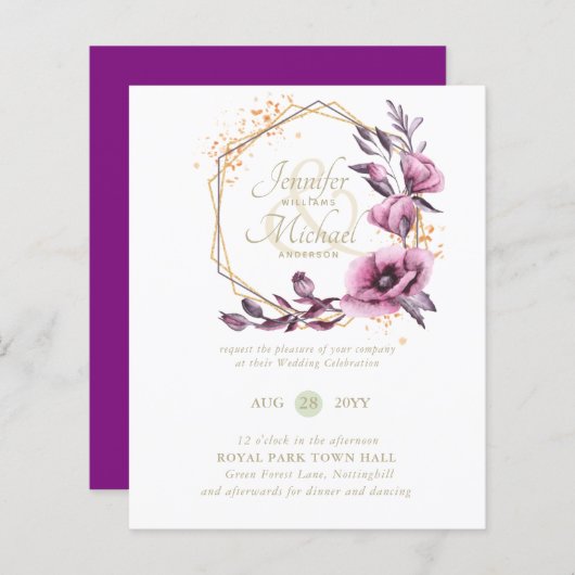BUDGETパープル金ゴールドフローラ結婚式招待状 (正面/裏面)