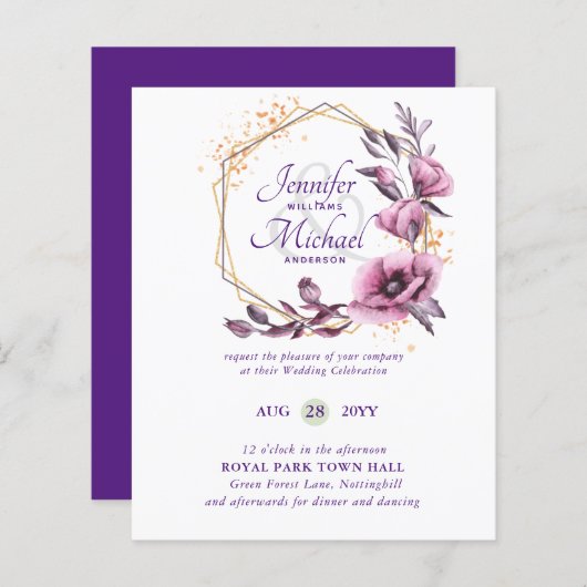 BUDGETパープル金ゴールドフローラ結婚式招待状 (正面/裏面)