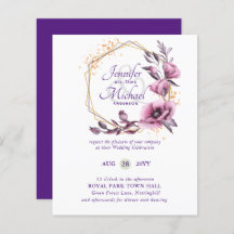 BUDGETパープル金ゴールドフローラ結婚式招待状