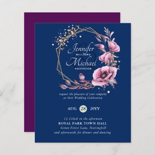 BUDGETパープル金ゴールドフローラ結婚式招待状 (正面/裏面)