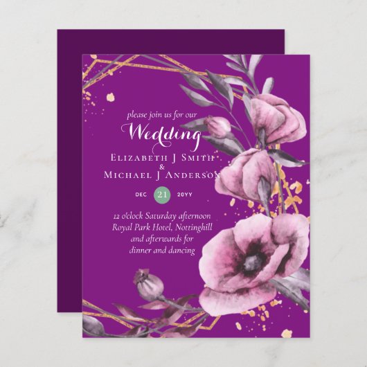 BUDGETパープル金ゴールドフローラ結婚式招待状 (正面/裏面)