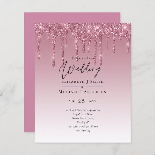 BUDGETピンクグリッター結婚式招待状 (正面/裏面)