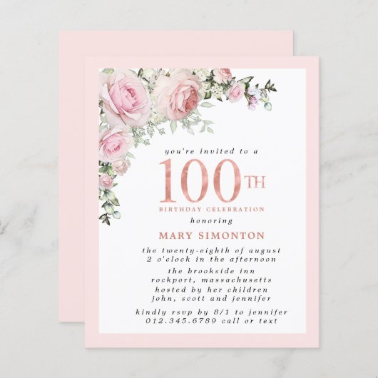 BUDGETピンクフローラ100番目の誕生日招待状 (正面/裏面)