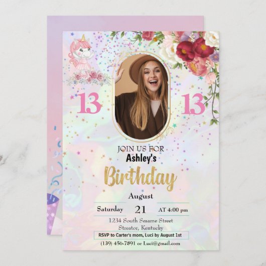 BUDGETピンク写真13誕生日 招待状 (正面/裏面)