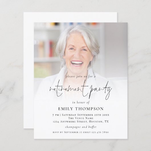 Budgetフォトスクリプトの削除パーティー招待状 (正面/裏面)