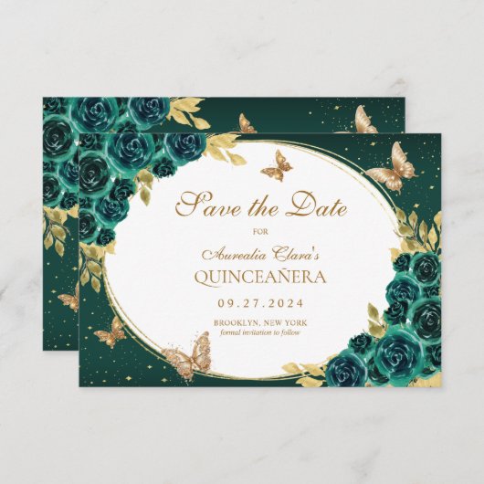 BUDGETフローラエメラルド金ゴールドバタフライキンセアニラ ノートカード (正面/裏面)