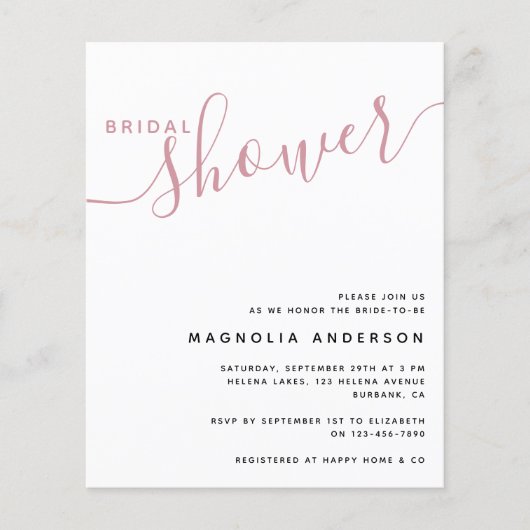 BUDGETブライダルシャワー招待状 |ミニマリストピンク (正面)