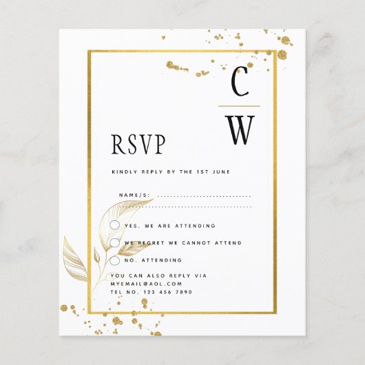 BUDGETホワイト金ゴールド写真結婚式招待状 (正面)