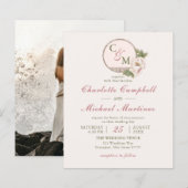 BUDGETモノグラム赤面ピンク写真の結婚式の招待 (正面/裏面)