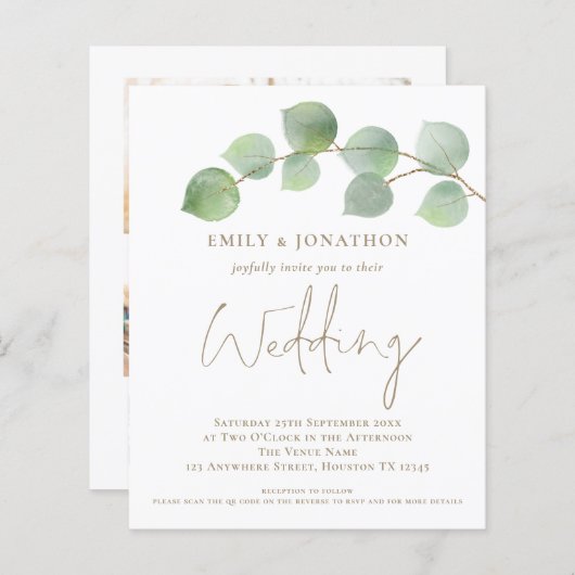 BUDGETユーカリ金ゴールド3写真QRウェディング招待 (正面/裏面)