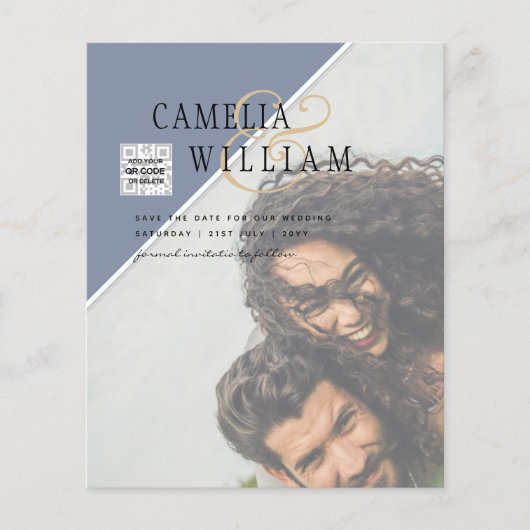 BUDGET写真BLUE QRコードRSVP日付の保存 チラシ (正面)