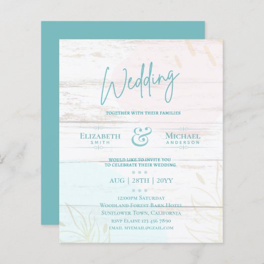 BUDGET結婚式の招待ティール（緑がかった色）ピンクの金ゴールド抽象芸術 (正面/裏面)