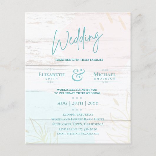 BUDGET結婚式の招待ティール（緑がかった色）ピンクの金ゴールド抽象芸術 (正面)