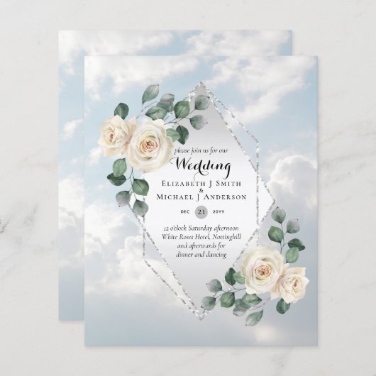 BUDGET結婚式招待状 – ホワイトローゼスシルバー (正面/裏面)