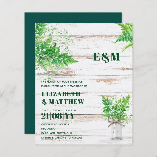 BUDGET緑のシダ単色結婚式の招待 (正面/裏面)