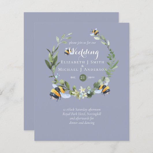 BUDGET緑のユーカリのミツバチの結婚式の招待 (正面/裏面)