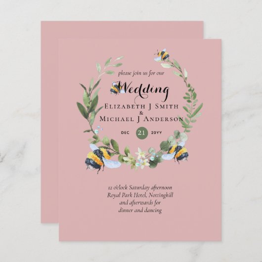 BUDGET緑のユーカリのミツバチの結婚式の招待 (正面/裏面)