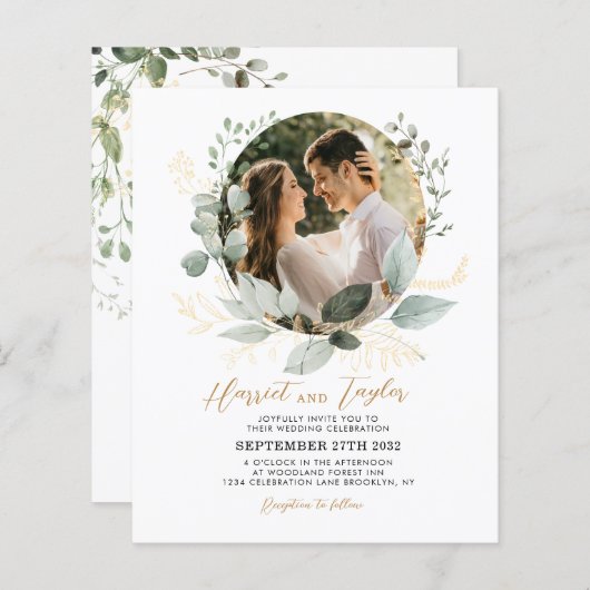 BUDGET金ゴールドと緑のユーカリ結婚写真 (正面/裏面)