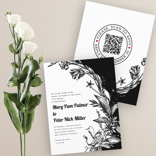 BUDGET黒白QR RSVP結婚式招待状
