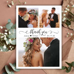 Budget エレガント Script Collage結婚's Thank You ポストカード<br><div class="desc">予算モダンスクリプエレガントト3写真コラージュ結婚の感謝のポストカード。ミニマ結婚リストのサンキューカードテンプレートは、前面に3枚の写真、背面に1枚の写真を掲載。白い背景に黒い色の手書きタイポグラフィ渦巻形ののスワッシュテールフォントスクリプトで"ありがとう"文字。名前の間の小さなハートモチーフ。名前をカスタムするのパーソナライ感謝していズとメッセージノートもしを手書きしたい場合は、サンプル文字を削除して宇宙を増やす。おもしし救済は一致する品が欲しい連絡よ！</div>
