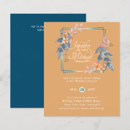 BUDGET ガーデンの葉が落ちるウェディング招待状 ティール
