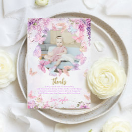 BUDGET クリスタルゴールドの蝶々と藤の花の子供の誕生日写真 サンキューカード